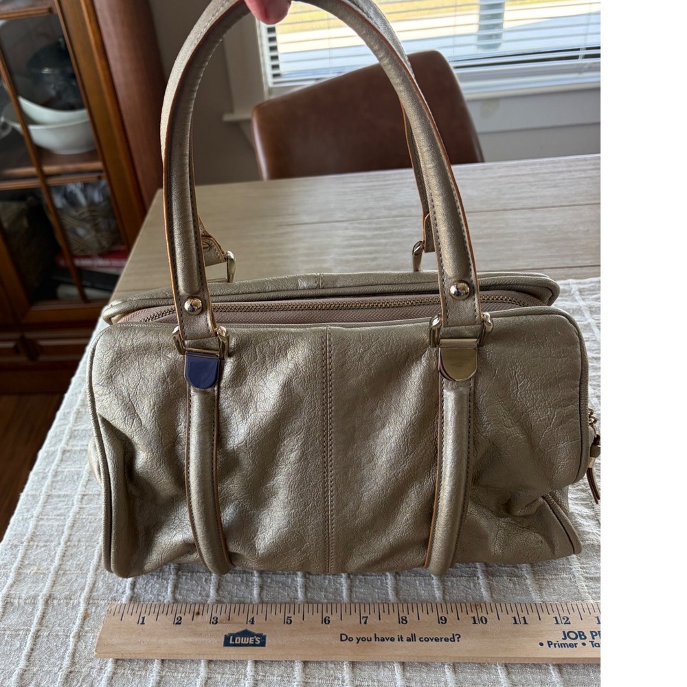 Tre Vero Metallic Gold Leather Satchel Handbag Top Handle Bag Gold Hardware